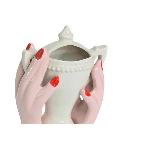 Vintage Hands Holding Vase Mid Century Ceramic, Hands with Red Painted Nails - Picture 3 of 10